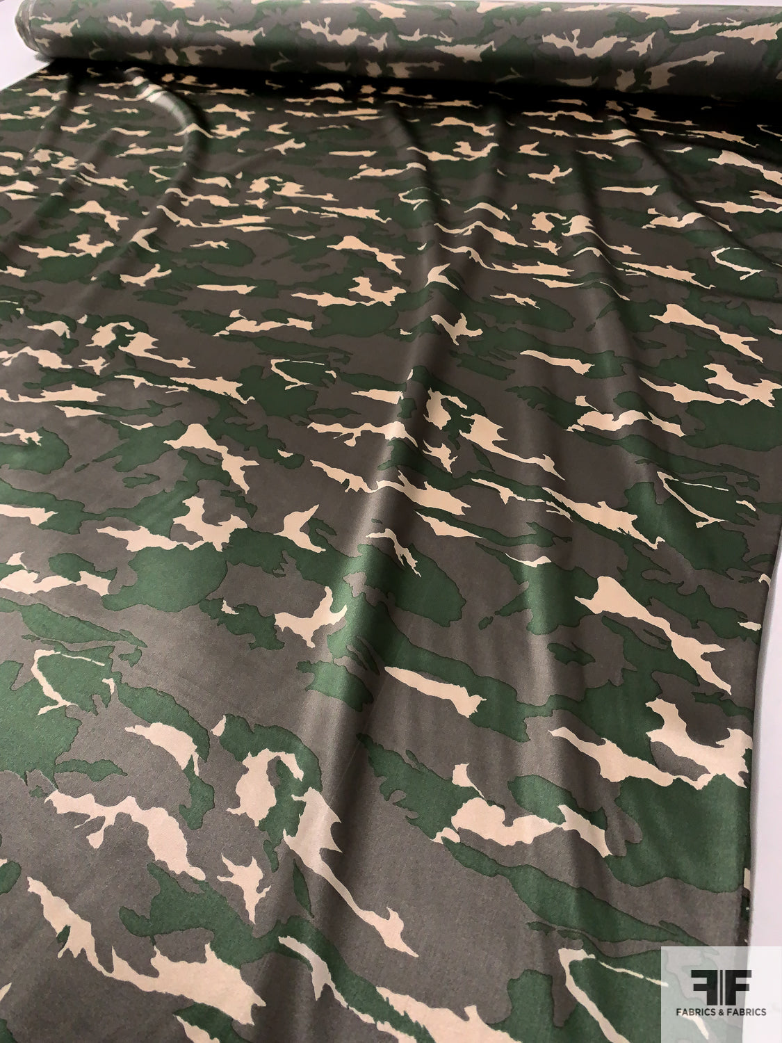 Camouflage Printed Silk Charmeuse - Army Green / Stone Grey / Ivory