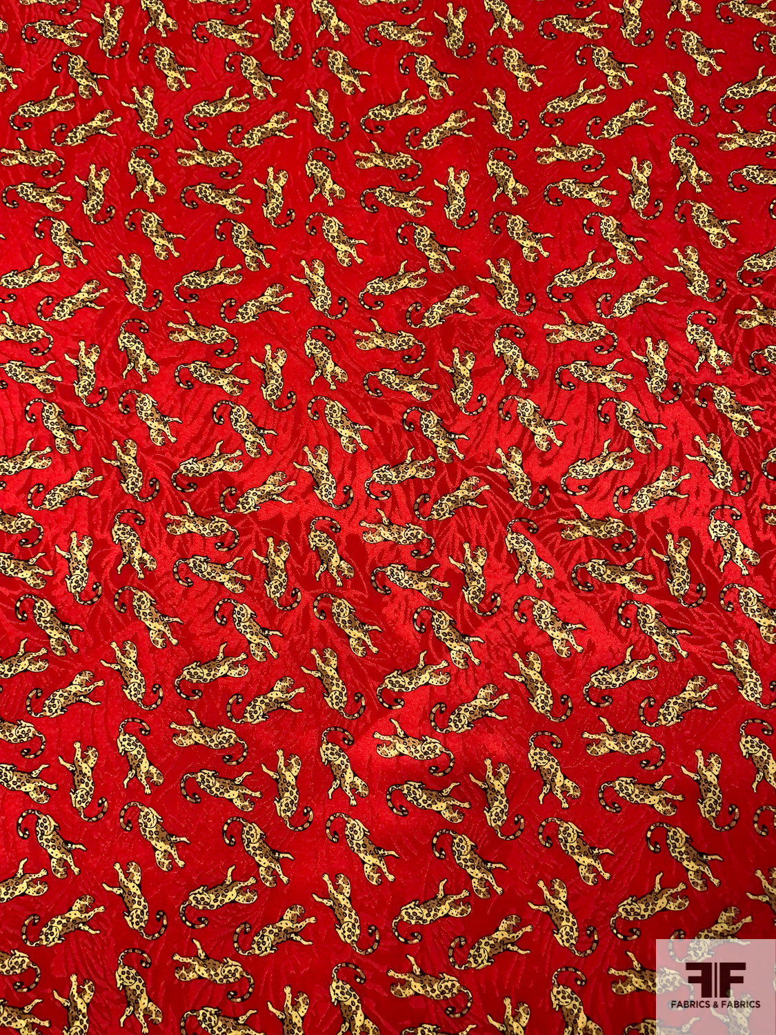Cheetahs Printed on Silk Charmeuse Jacquard Panel - Vibrant Red / Caramel / Yellow / Black
