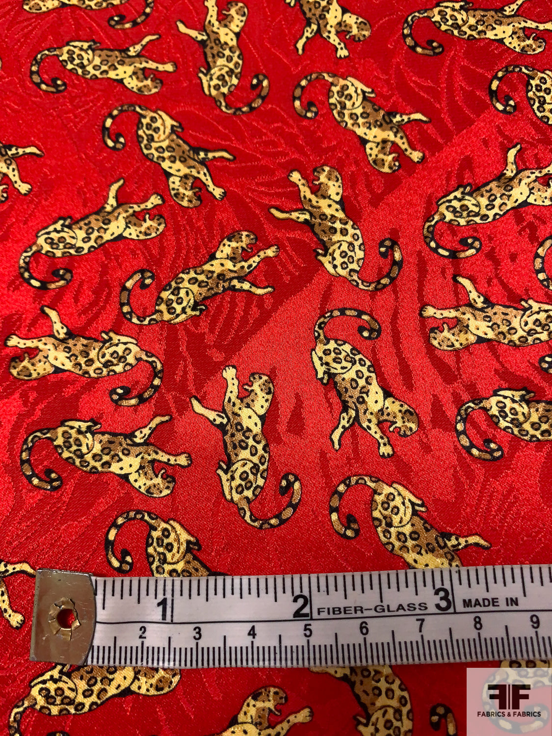 Cheetahs Printed on Silk Charmeuse Jacquard Panel - Vibrant Red / Caramel / Yellow / Black