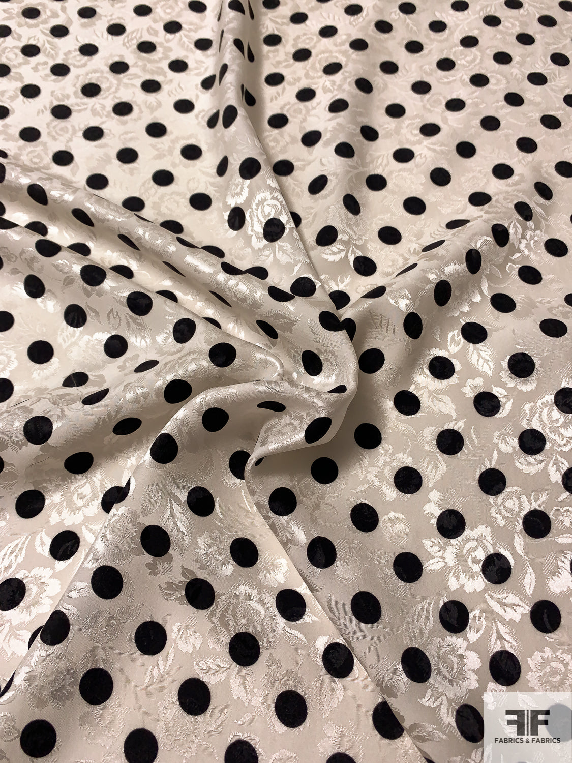 Polka Dots Printed Floral Jacquard Silk Charmeuse - Off-White / Black