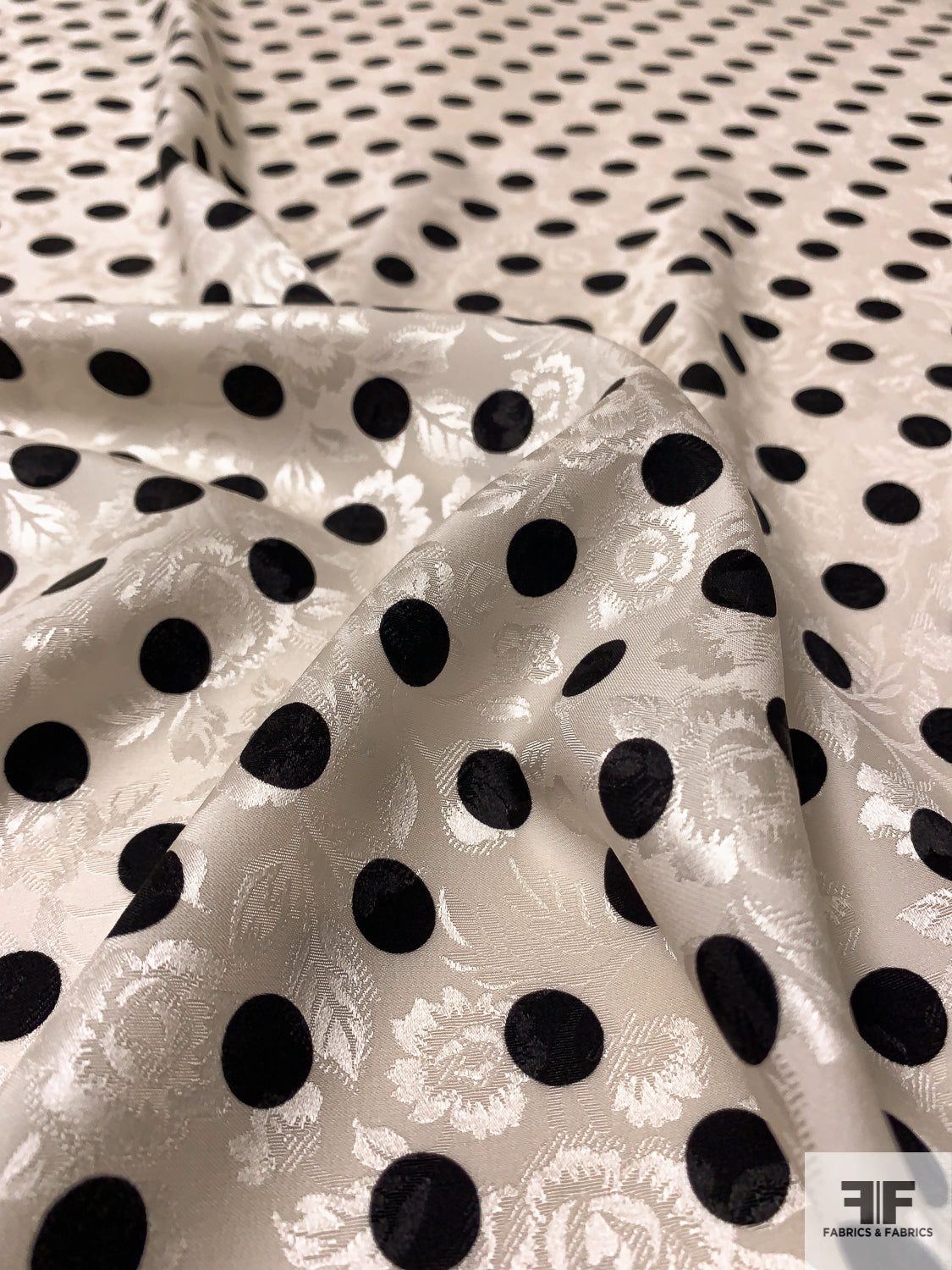 Polka Dots Printed Floral Jacquard Silk Charmeuse - Off-White / Black