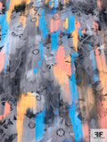 Abstract Hazy Floral Painterly Printed Silk Crepe de Chine - Summer Blue / Coral / Peach / Greys