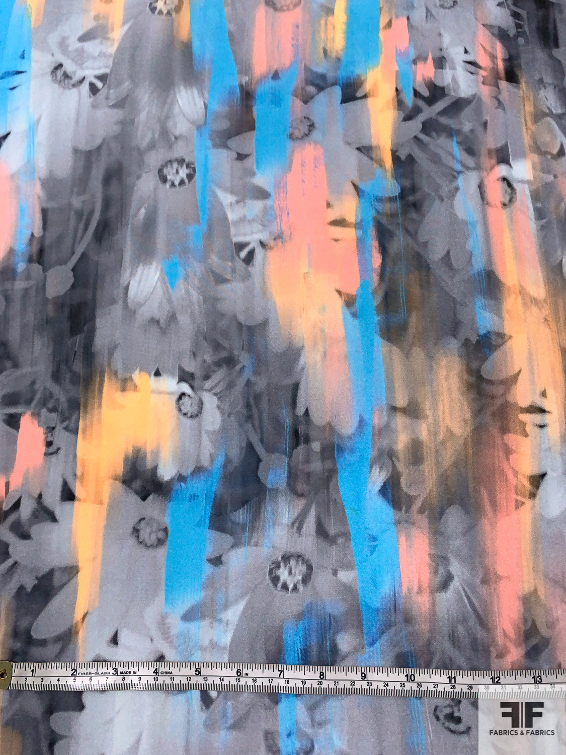 Abstract Hazy Floral Painterly Printed Silk Crepe de Chine - Summer Blue / Coral / Peach / Greys