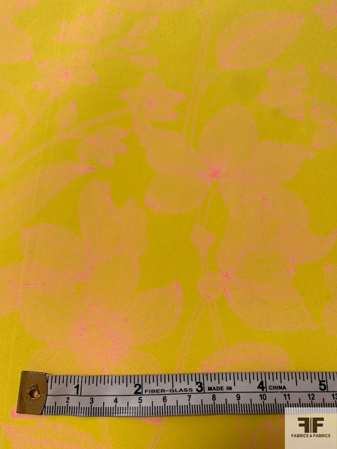 Sunflower and Floral Printed Silk Crepe de Chine - Yellow / Hot Pink