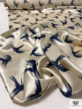 Brushstroke Birds Printed Silk Charmeuse - Ivory / Navy