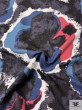 Bold Splotchy Watercolor Printed Silk and Cotton Faille - Dusty Blues / Grey / Black / Coral-Rose