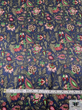 Ornate Leaf Stems Printed Silk Charmeuse - Dusty Navy / Sage / Multicolor