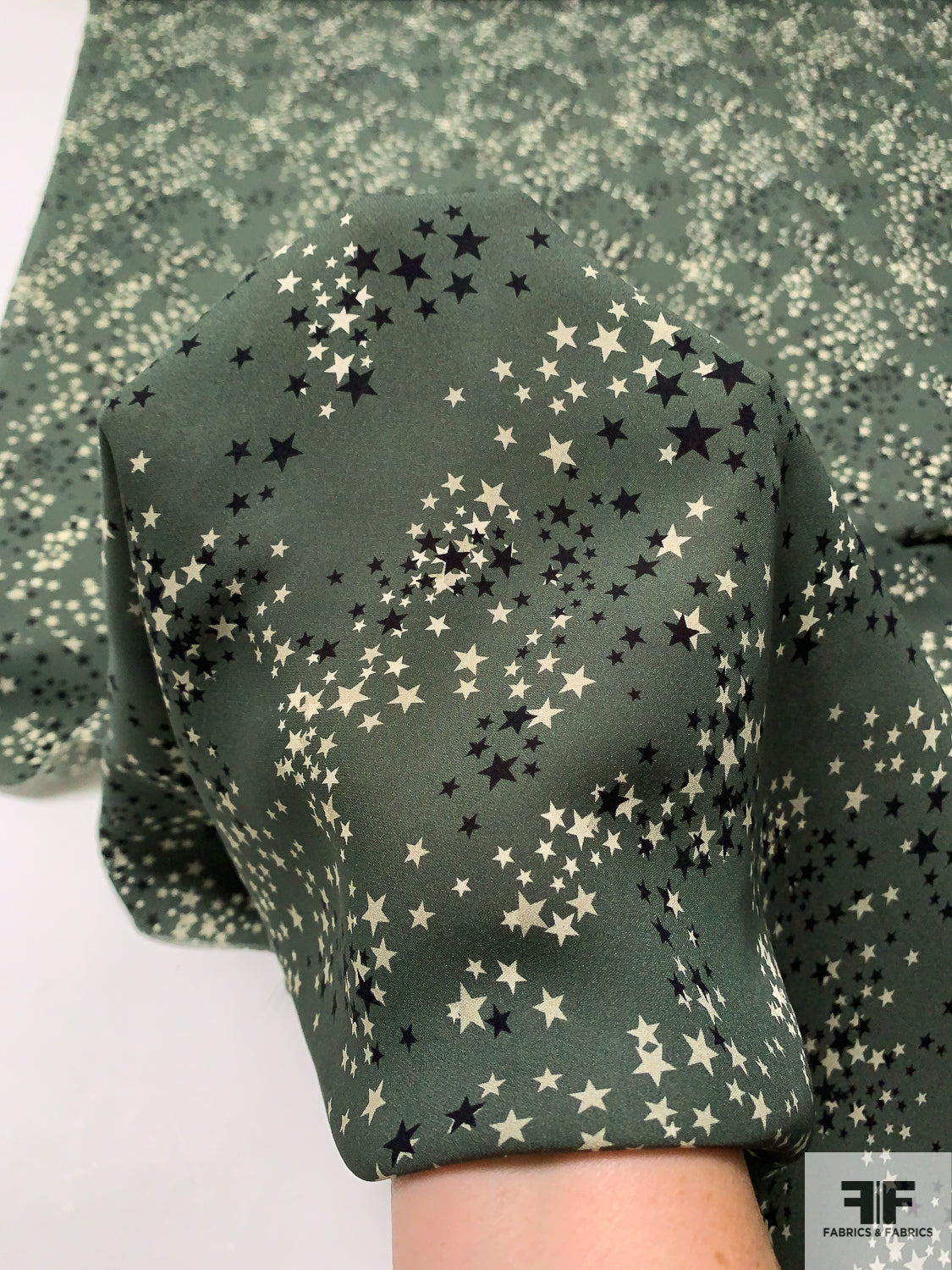 Stars Printed Silk Georgette - Army Green / Black / Beige