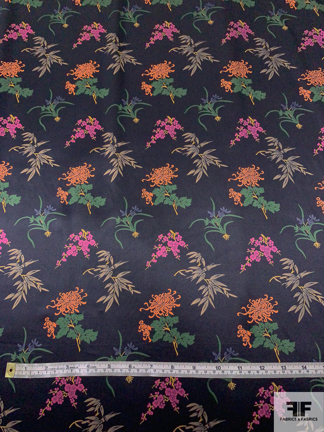 Floral Stalks Printed Silk Charmeuse - Black / Multicolor
