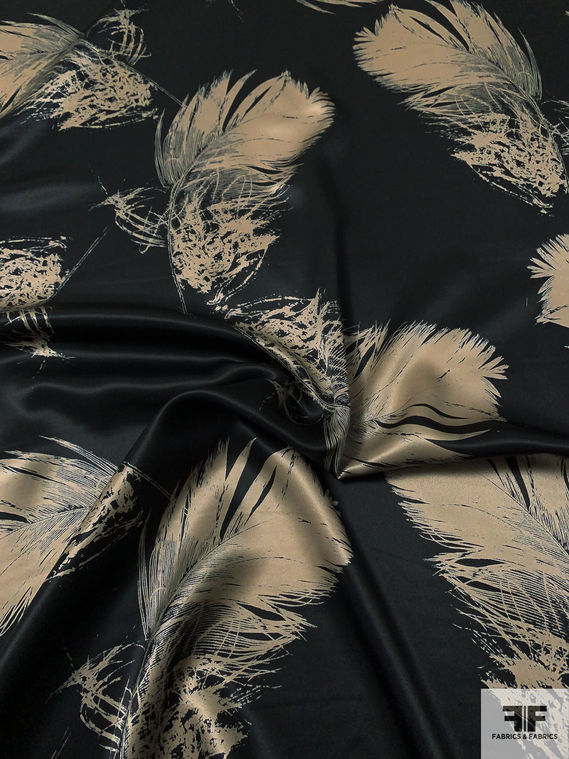 Floating Feathers Sketch Printed Silk Charmeuse - Black / Champagne
