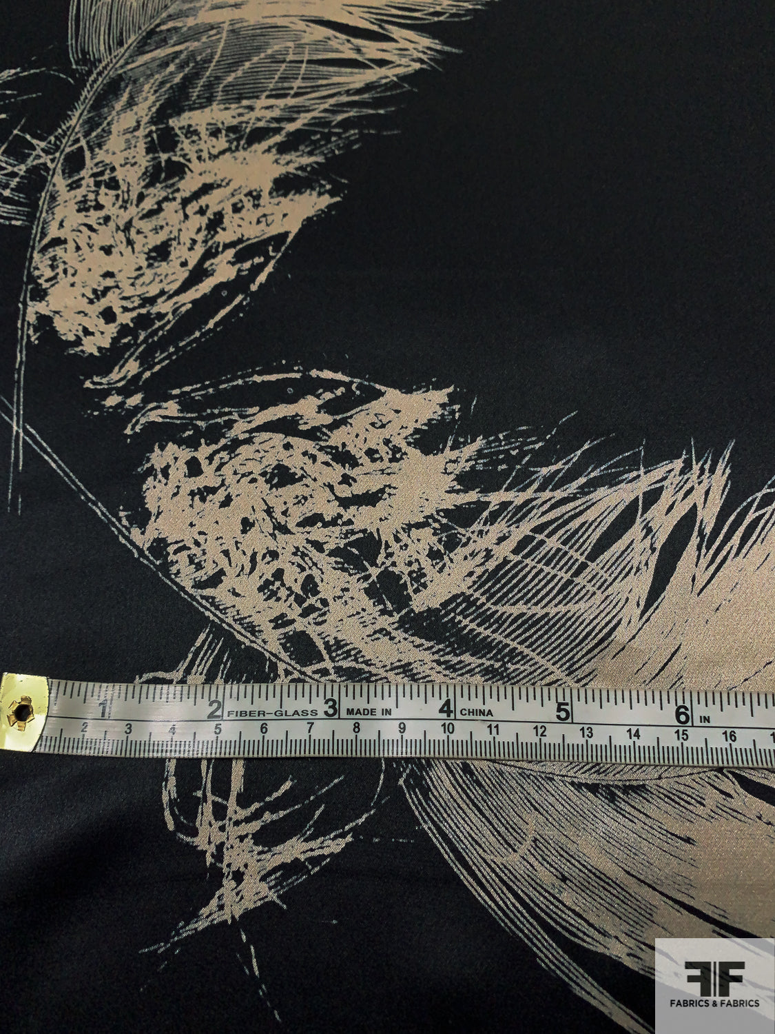 Floating Feathers Sketch Printed Silk Charmeuse - Black / Champagne