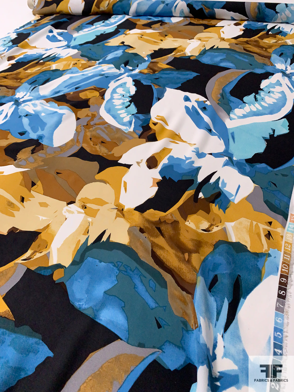 Bold Graphic Floral Printed Silk Georgette - Shades of Blue / Gold / Black / White
