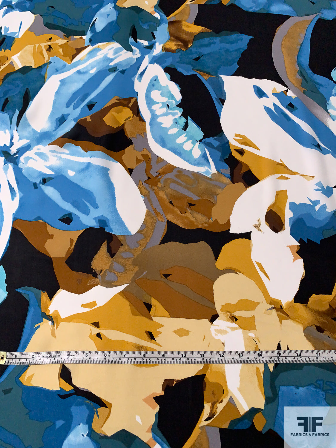 Bold Graphic Floral Printed Silk Georgette - Shades of Blue / Gold / Black / White