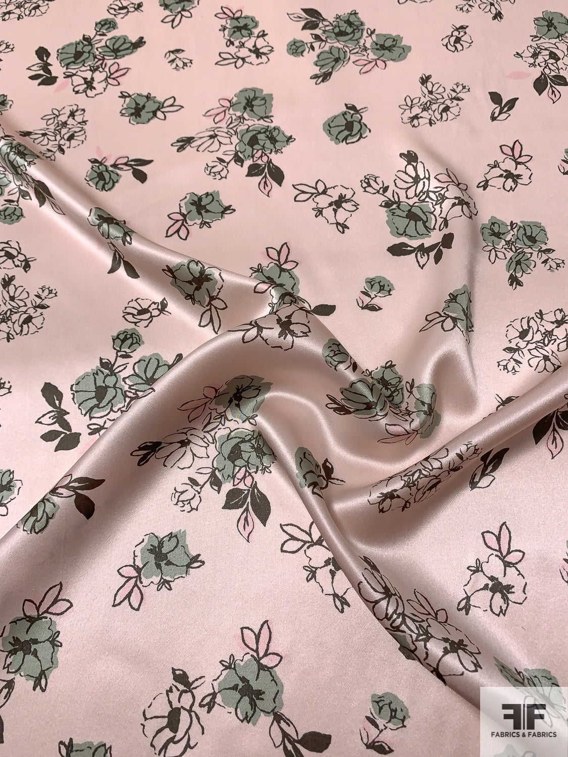 Gentle Floral Printed Silk Charmeuse - Ballet Slipper Pink / Sage / Stone