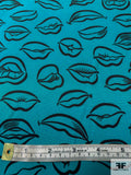 Wacky Lips Printed Silk Crepe de Chine - Teal / Black