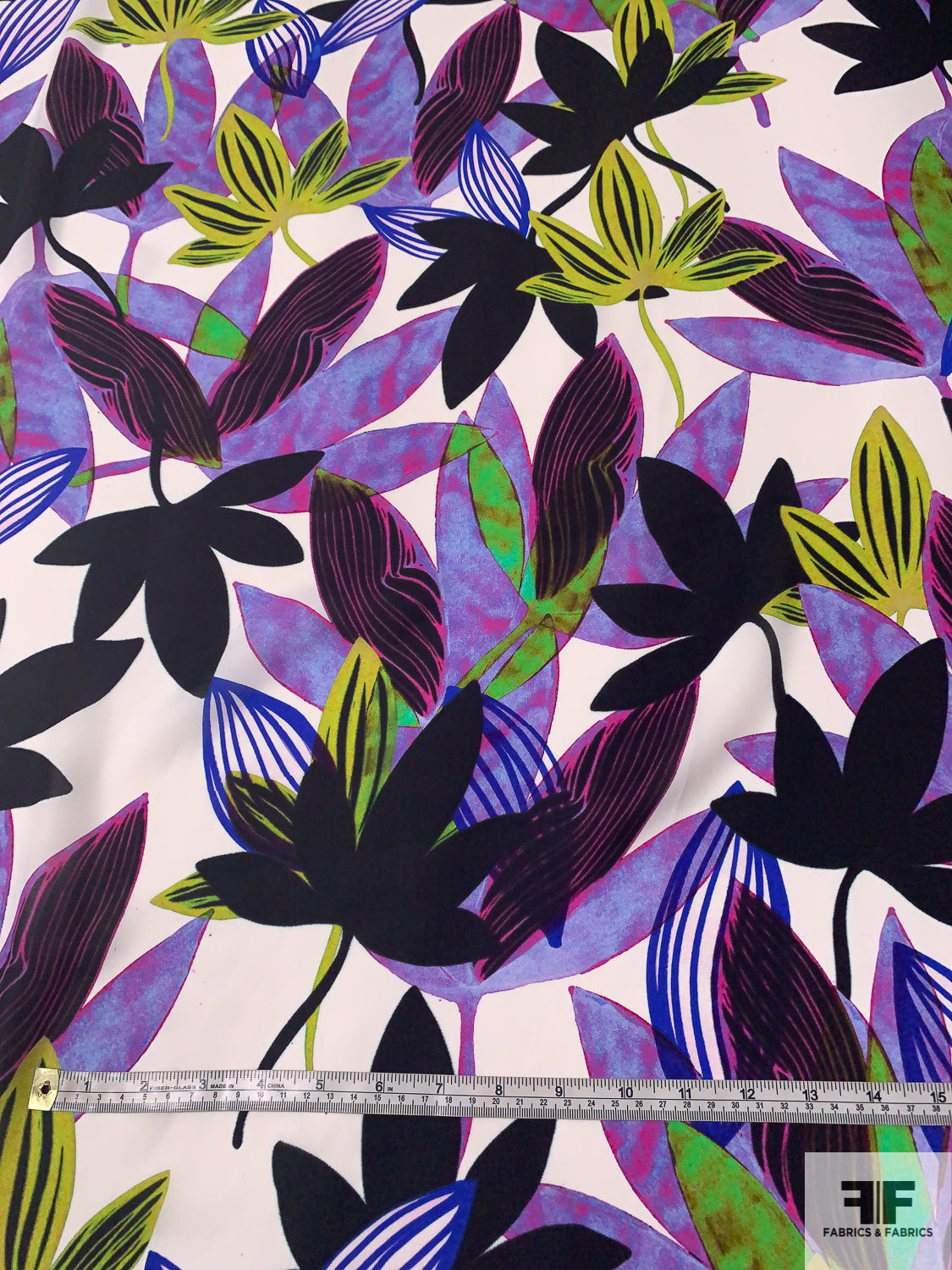 Tropical Leaf and Floral Printed Silk Georgette - Shades of Purple / Green / Black / Blue