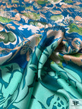 Multi Floral Printed Stretch Silk Charmeuse - Teal / Aqua / Deep Turquoise / Tan