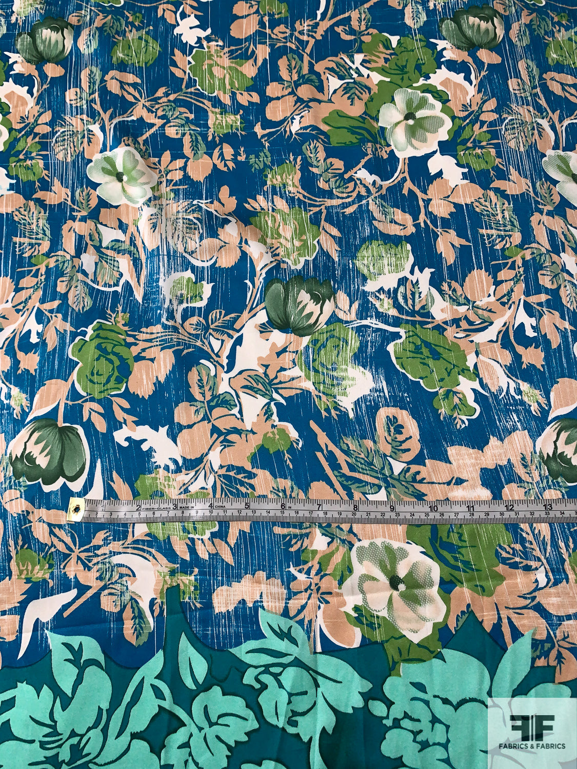Multi Floral Printed Stretch Silk Charmeuse - Teal / Aqua / Deep Turquoise / Tan