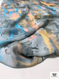 Abstract Hazy Floral Painterly Printed Silk Georgette - Summer Blue / Coral / Peach / Greys