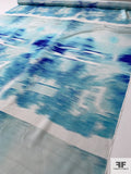Abstract Hazy Printed Silk Crepe de Chine Panel - Aqua Blue / Blue / White