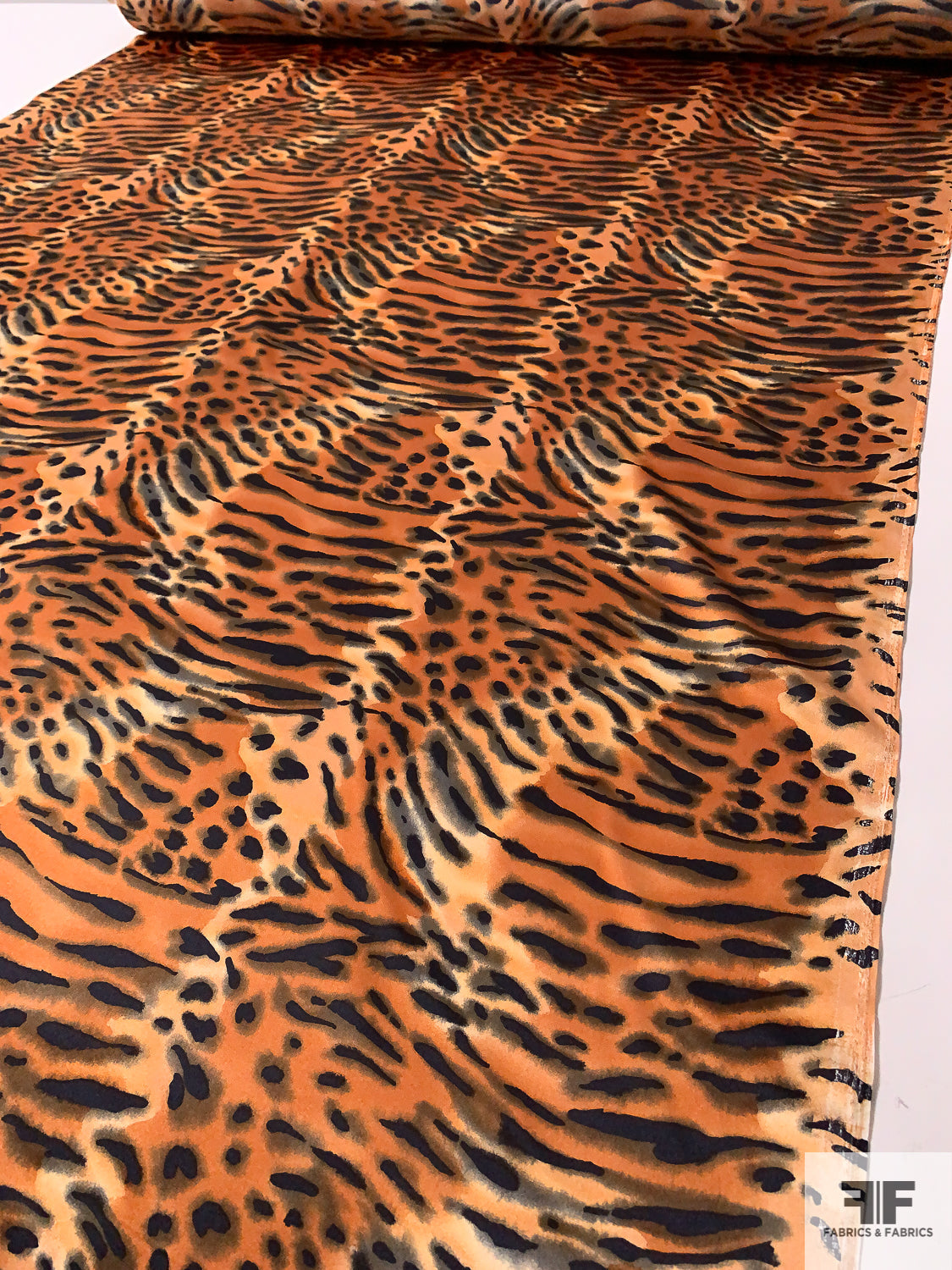 Animal Pattern Printed Silk Charmeuse - Burnt Orange / Black / Taupe