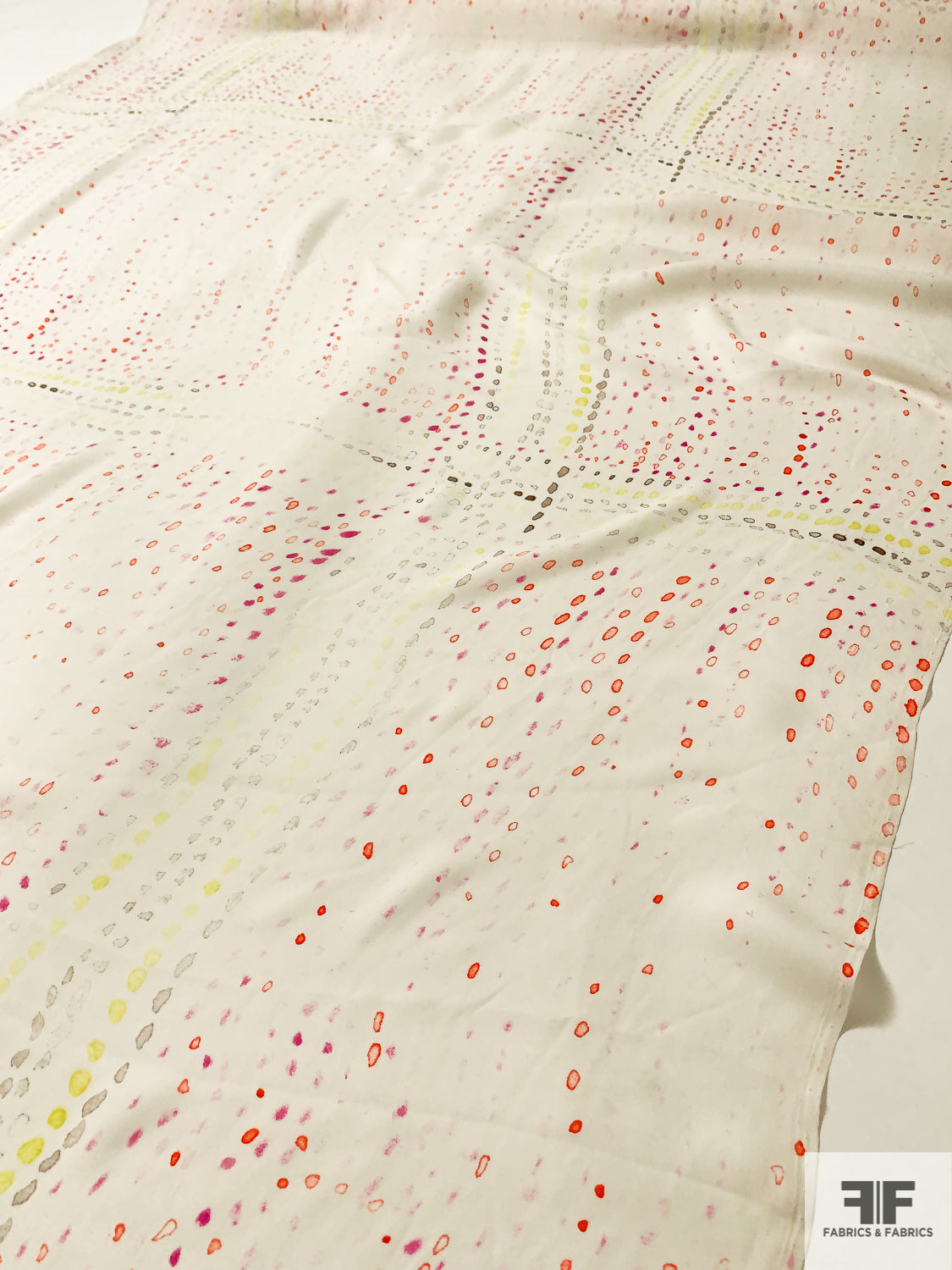 Watercolor Scattered Dots in Windowpane Pattern Printed Silk Georgette - Ivory / Fiery Orange / Orchid Pink / Yellow