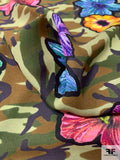 Camouflage and Tropical Floral Printed Silk Georgette - Shades of Green / Multicolor