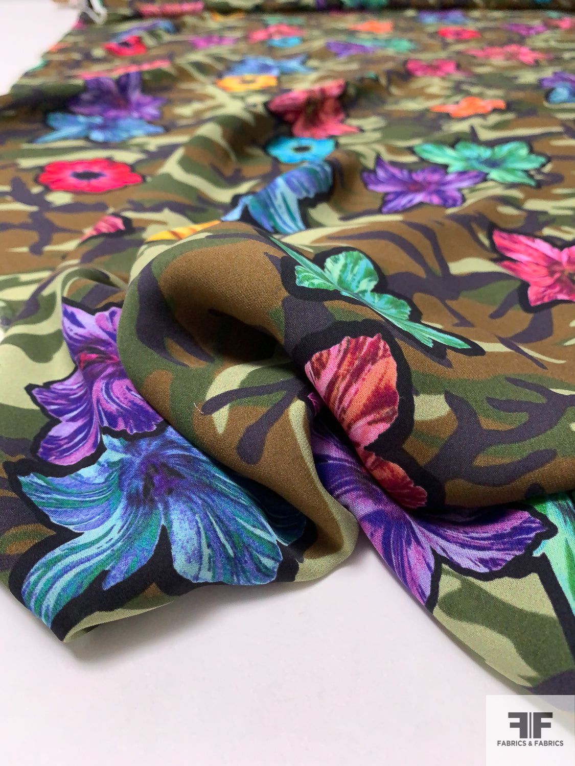 Camouflage and Tropical Floral Printed Silk Georgette - Shades of Green / Multicolor