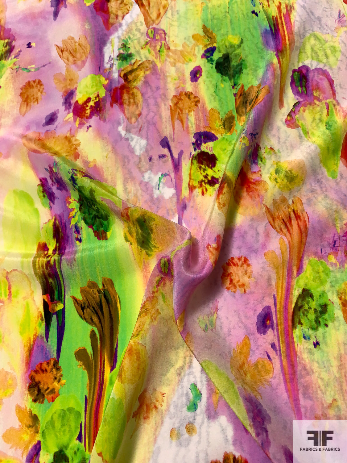 Painterly Floral Silk Crepe de Chine - Multicolor / Orchid / Greens