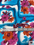 Floral Boxes Printed Silk Georgette - Ocean Blue / Berry Pink / Burnt Orange