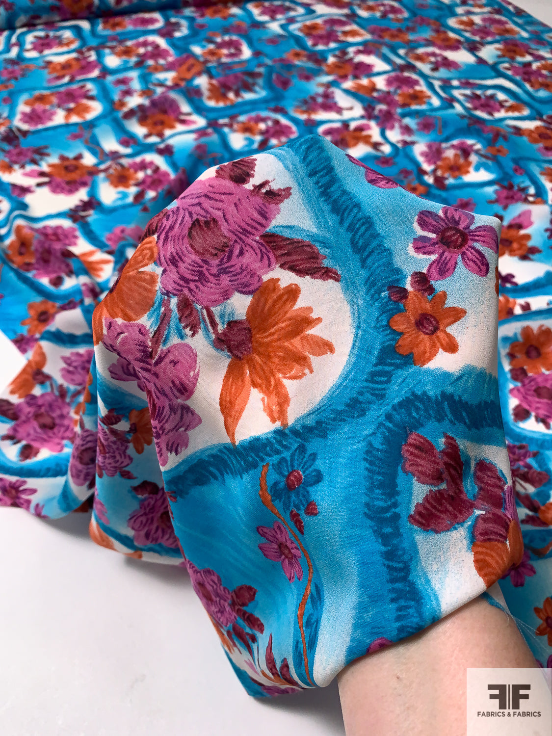 Floral Boxes Printed Silk Georgette - Ocean Blue / Berry Pink / Burnt Orange