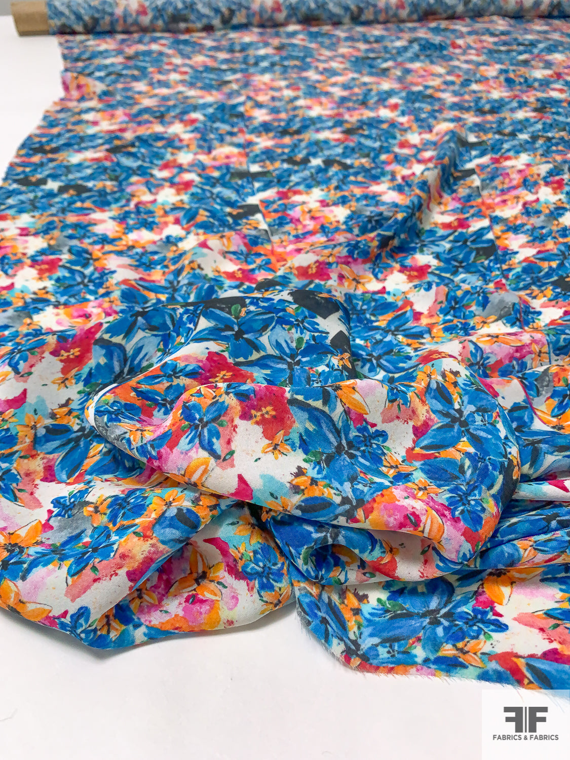 Floral and Sectioned Printed Silk Georgette - Ocean Blue / Magenta / Bright Orange
