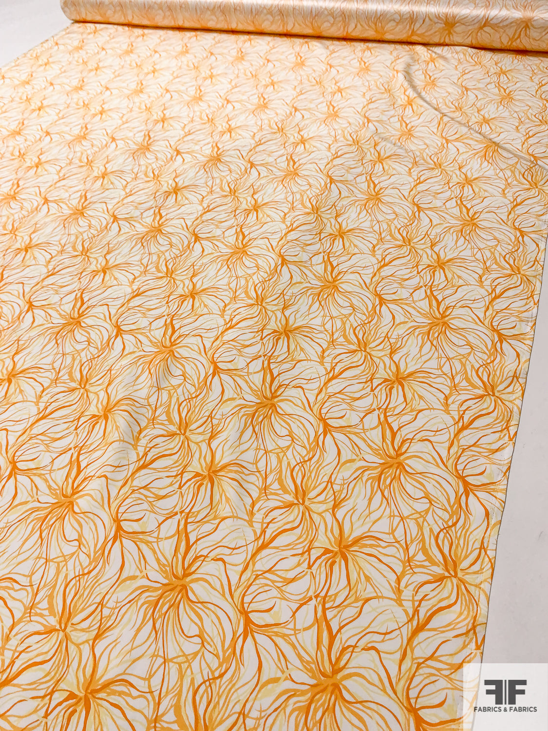 Tentacle Floral Matte-Side Printed Silk Charmeuse - Tangerine / Orange / Yellow / Off-White