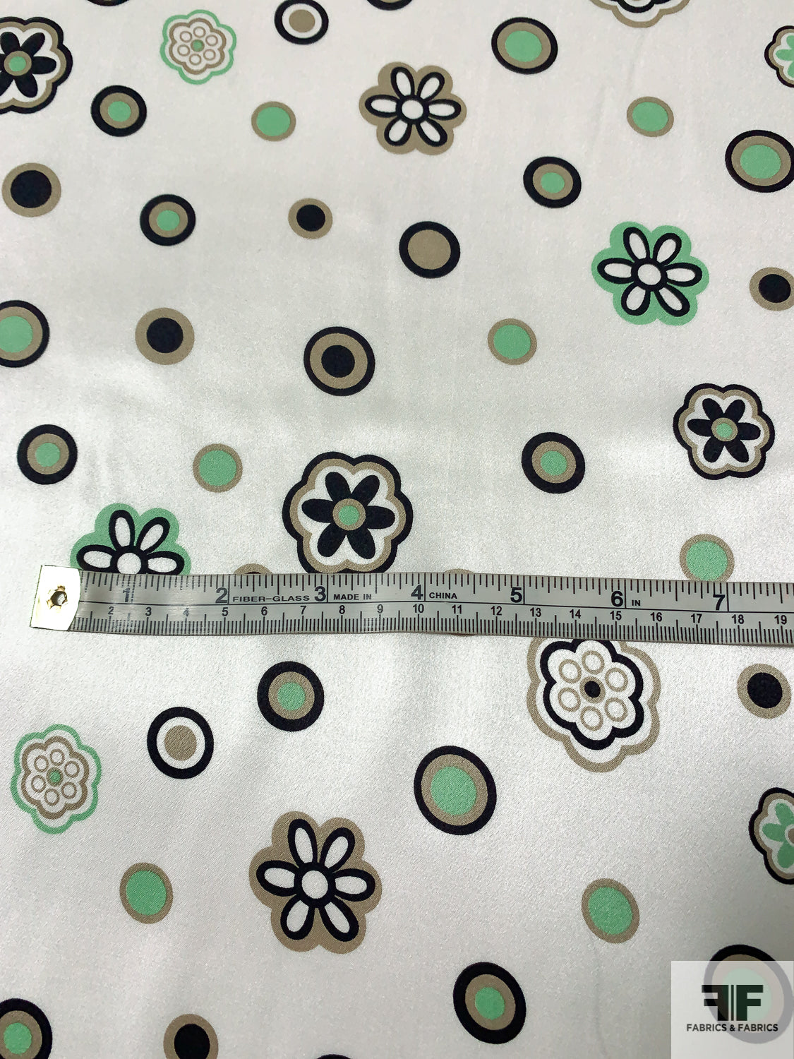 Youthful Floral and Cirlces Printed Silk Charmeuse - Seafoam / Taupe / Black / White