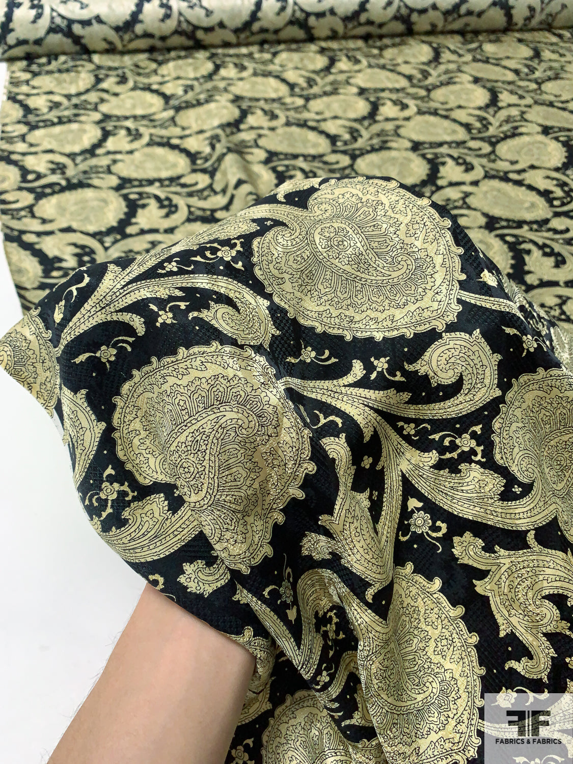 Paisley Blossoms Printed Vintage Silk Jacquard - Black / Lightest Gold