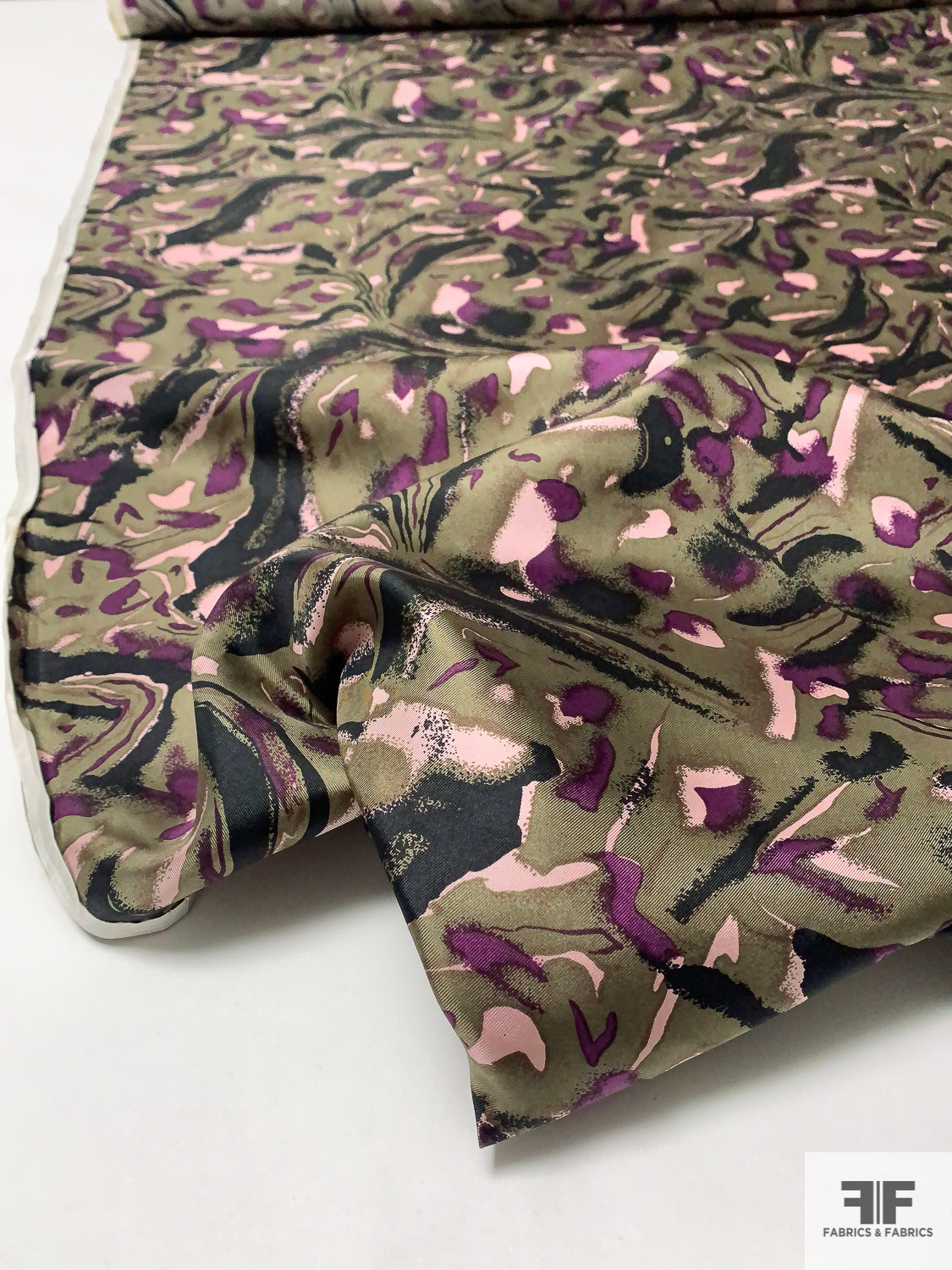 Abstract Printed Vintage Silk Twill - Khaki-Olive / Purple / Black / Light Pink