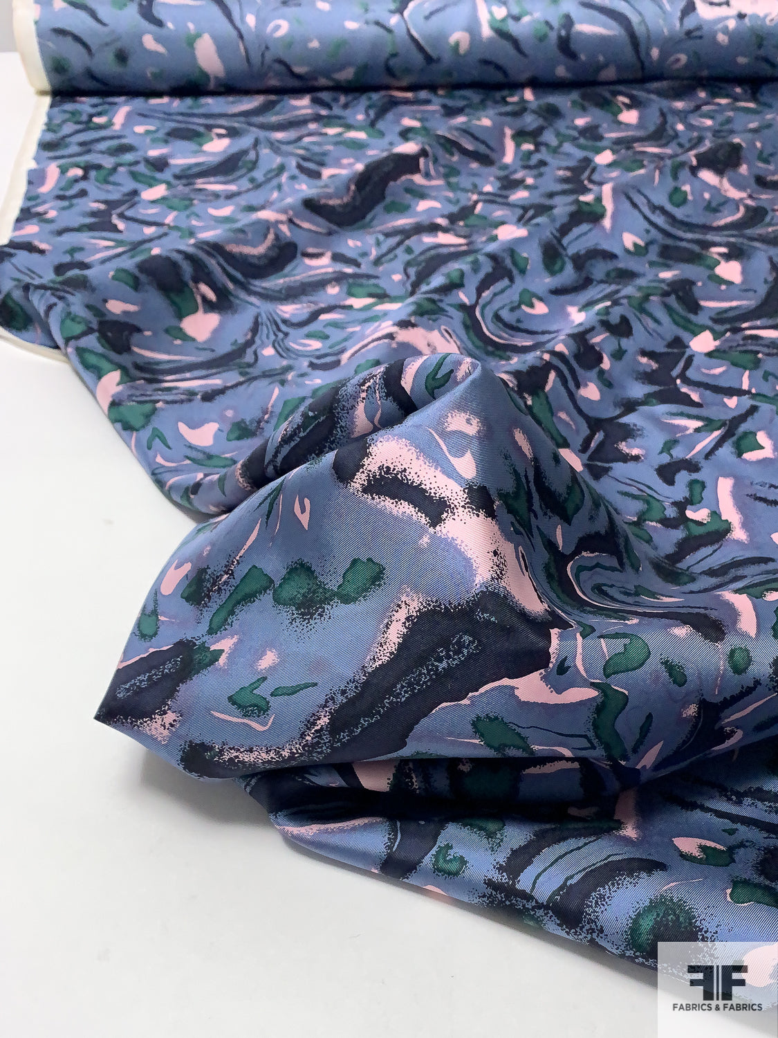 Abstract Printed Vintage Silk Twill - Antique Blue / Navy / Evergreen / Light Pink