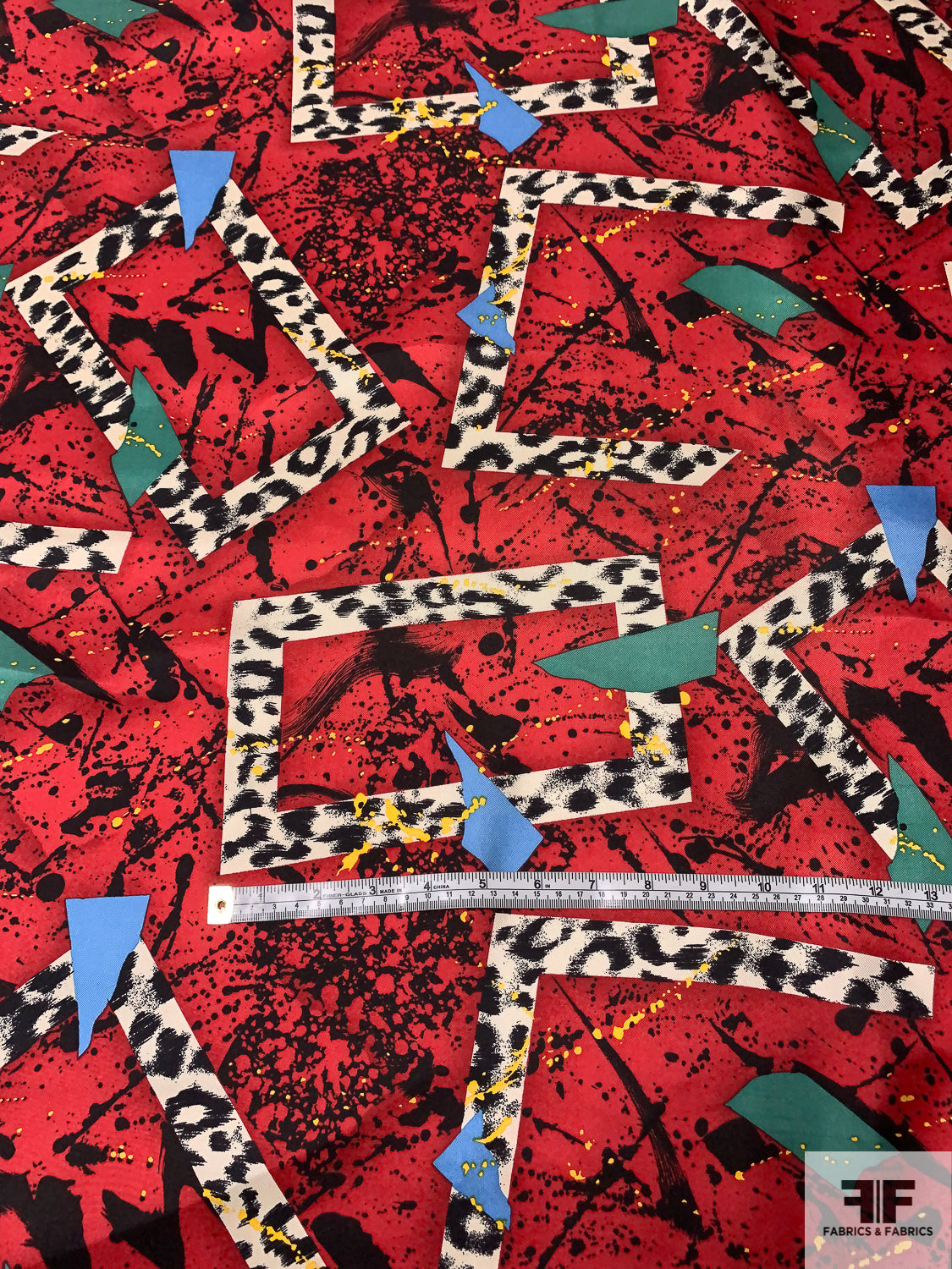 Box Shapes and Splatter Printed Vintage Silk Twill - Red / Black / Cream / Blue / Jade