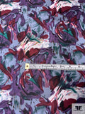Abstract Painterly Floral Printed Vintage Silk Twill - Dusty Sky Blue / Merlot / Purple / Teal-Green