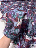 Abstract Painterly Floral Printed Vintage Silk Twill - Dusty Sky Blue / Merlot / Purple / Teal-Green