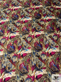 Abstract Painterly Floral Printed Vintage Silk Twill- Light Olive / Browns / Wine Grape / Indigo