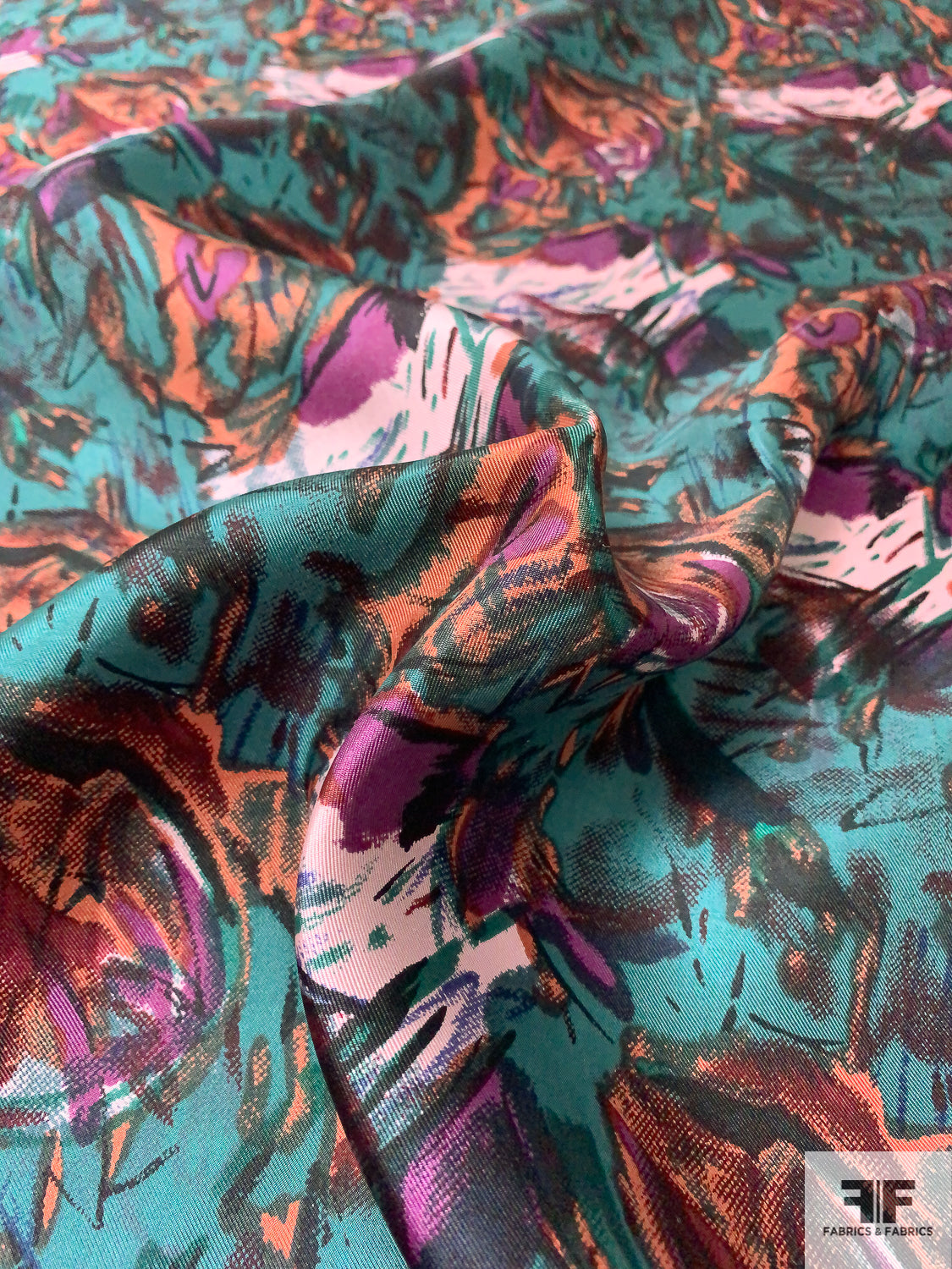 Abstract Painterly Floral Printed Vintage Silk Twill - Antique Jade / Purple / Brick Orange