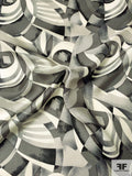 Optical Art Deco Printed Vintage Silk Twill - Shades of Grey / Off-White