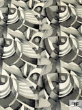 Optical Art Deco Printed Vintage Silk Twill - Shades of Grey / Off-White