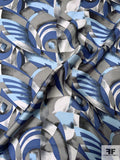 Optical Art Deco Printed Vintage Silk Twill - Shades of Blue / Grey / Black