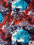 Painterly Floral Printed Vintage Silk Twill - Turquoise / Smoky Eggplant / Red