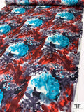 Painterly Floral Printed Vintage Silk Twill - Turquoise / Smoky Eggplant / Red
