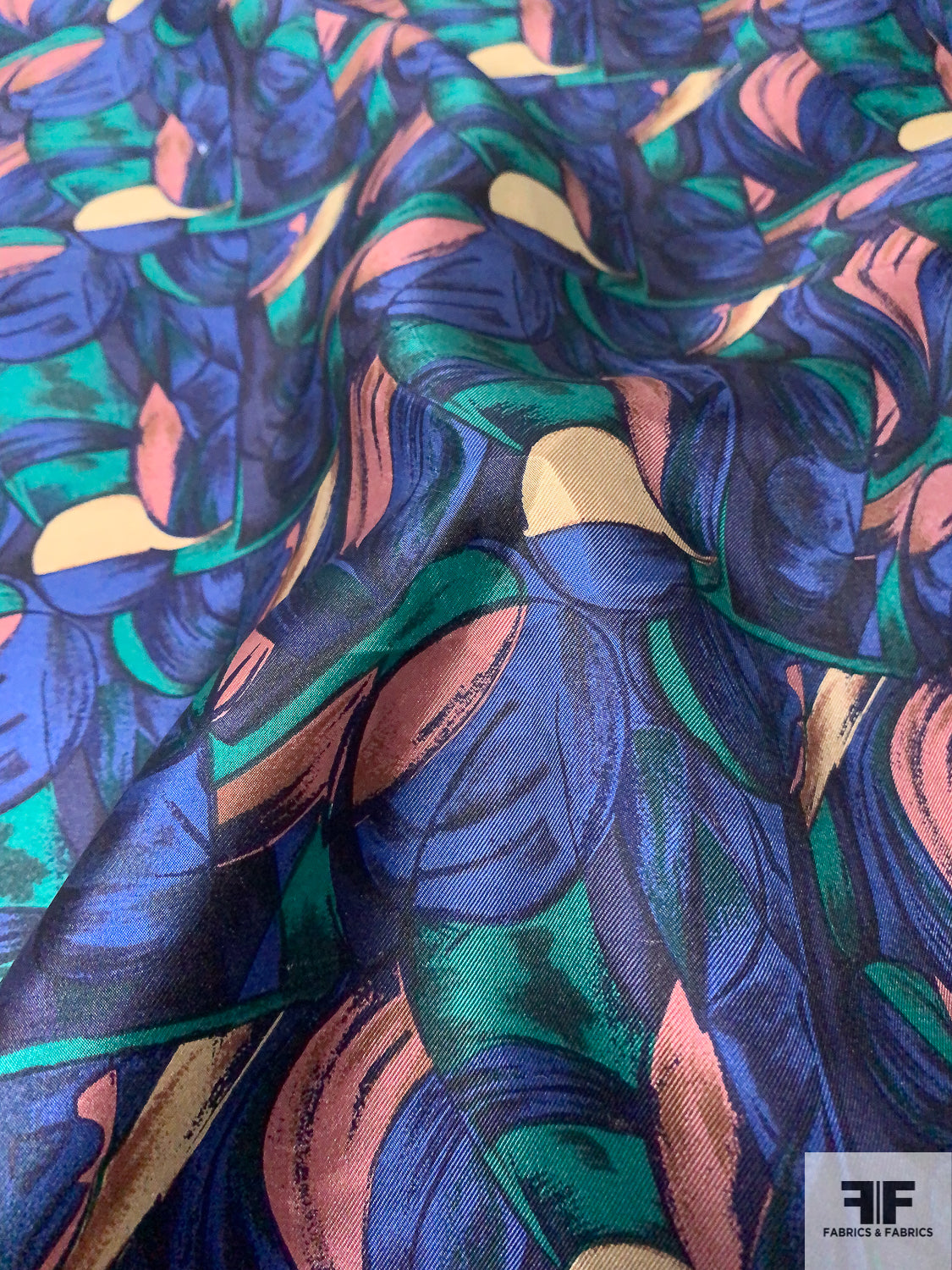 Graphic Printed Vintage Silk Twill - Indigo Blue / Dusty Rose / Green