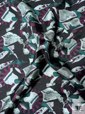 Abstract Graphic Printed Vintage Silk Twill - Plum / Smoky Green / Black