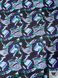 Abstract Graphic Printed Vintage Silk Twill - Indigo / Green / Black / Dusty Light Blue